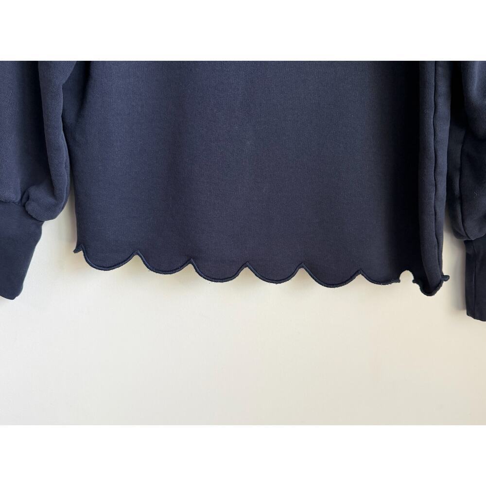 FRAME Scallop Balloon Sleeve Crew Neck Fleece Sweatshirt Navy Women's Size S - Picture 4 of 8